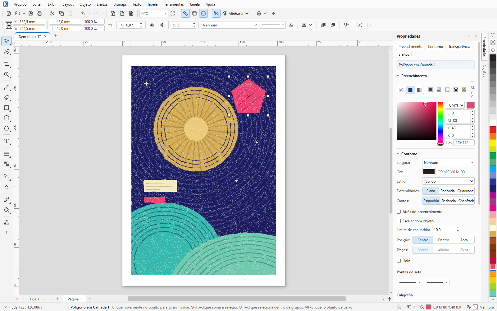 Janela do Kordel Studio com uma ilustração aberta: céu anil, sol amarelo, um pentágono coral selecionado e o painel de propriedades do preenchimento à direita.